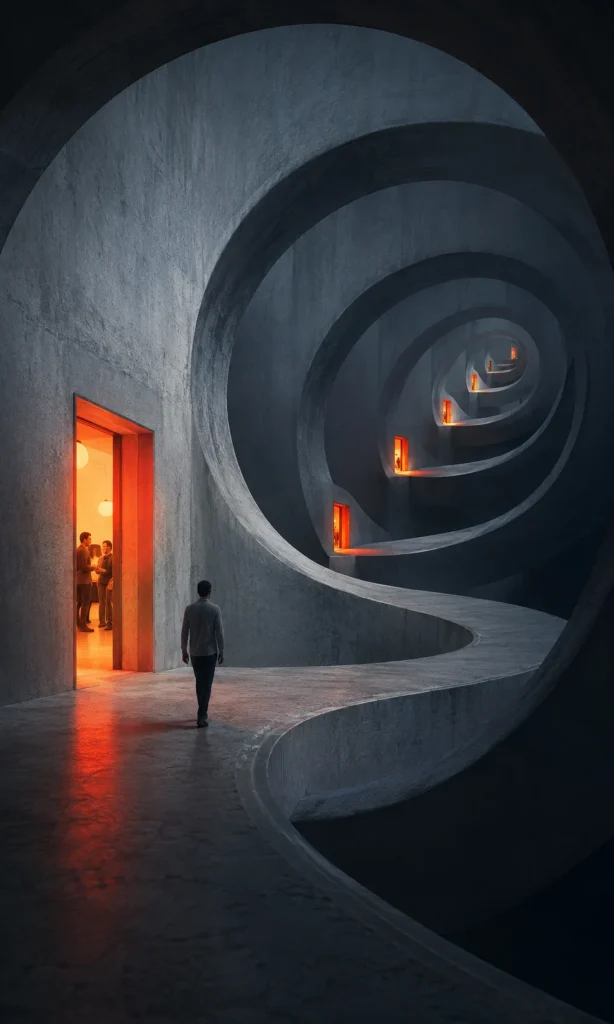 Person walking through a surreal looping corridor representing the cycle of depression and social withdrawal