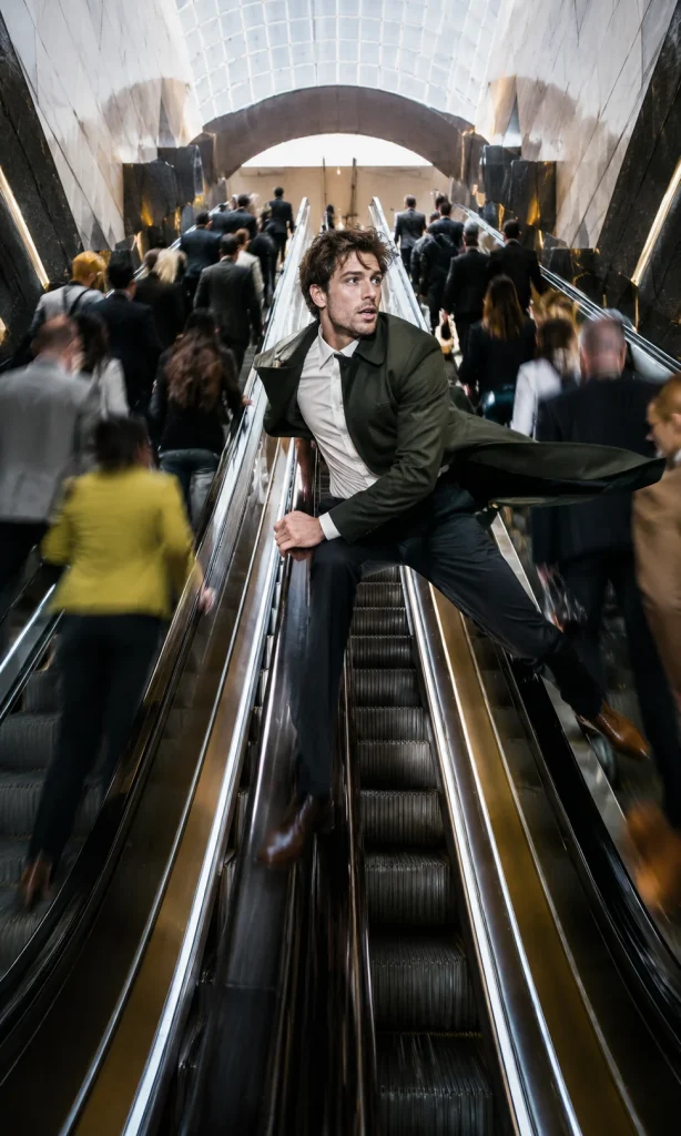 Man dynamically moving between escalators in a crowded underground station as a metaphor for changing perspective