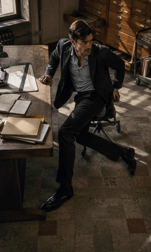 Man pulling himself backward from a worktable while unfinished materials remain within reach.