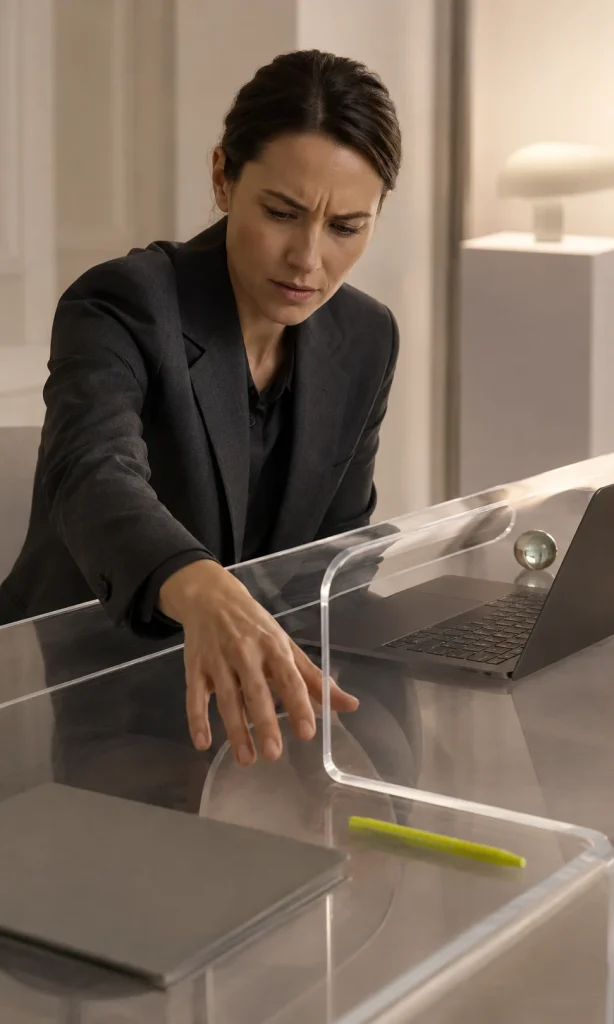 Person facing a prepared task while a surreal gap separates them from the first action