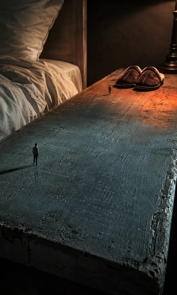 Tiny person crossing an enormous bedside table toward slippers representing difficulty starting tasks with depression