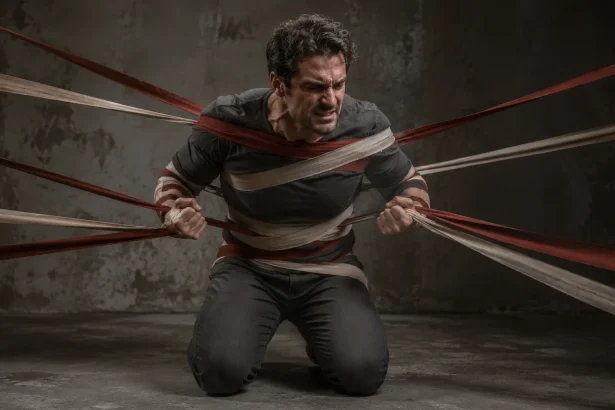 Man kneeling in the center of a dim industrial room while rust-red restraint bands wrap around his body as he struggles to move, symbolizing depression-related task paralysis