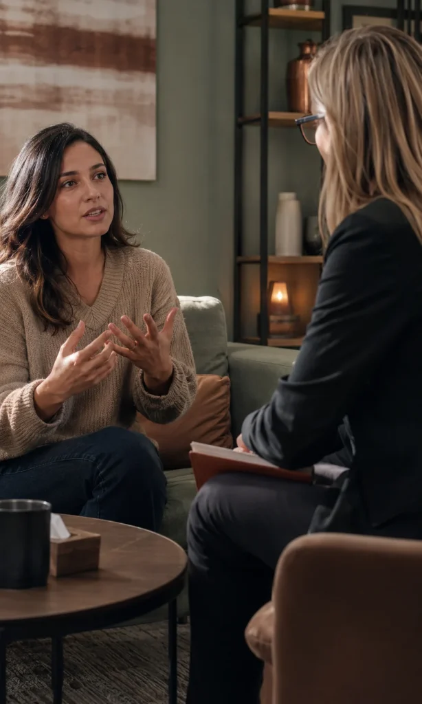 Adult in a focused conversation with a mental health professional during a realistic consultation