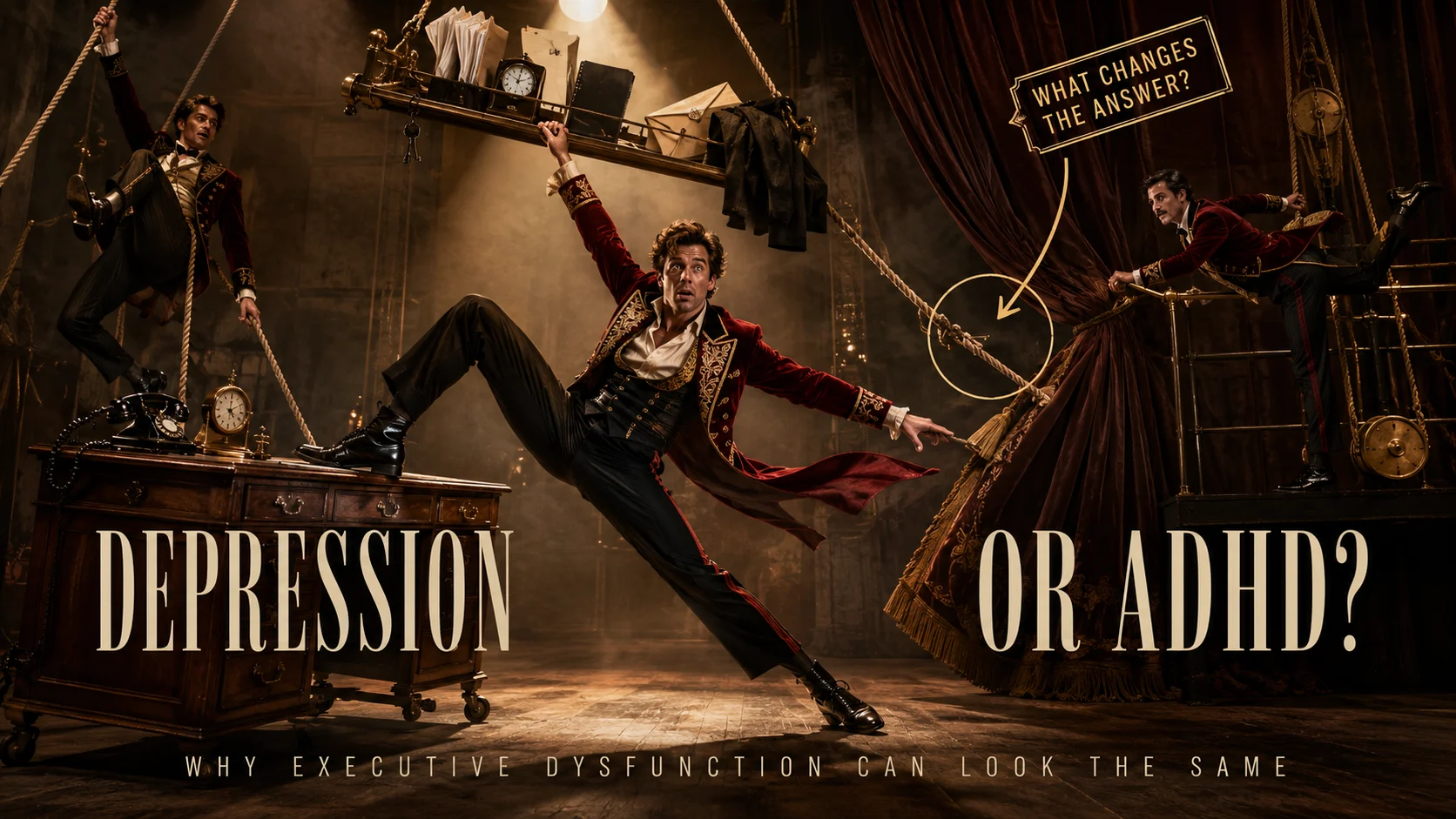 Centered man dramatically pulled between two theatrical task systems representing overlapping depression and ADHD executive difficulties