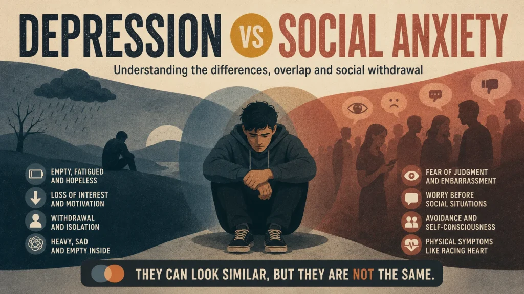 Illustration comparing depression vs social anxiety, showing depressive withdrawal on one side and fear of judgement in social situations on the other.