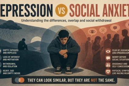 Illustration comparing depression vs social anxiety, showing depressive withdrawal on one side and fear of judgement in social situations on the other.