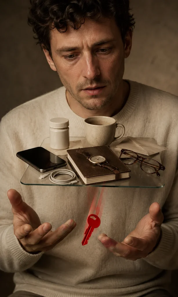Person trying to hold too many suspended everyday objects representing overloaded working memory