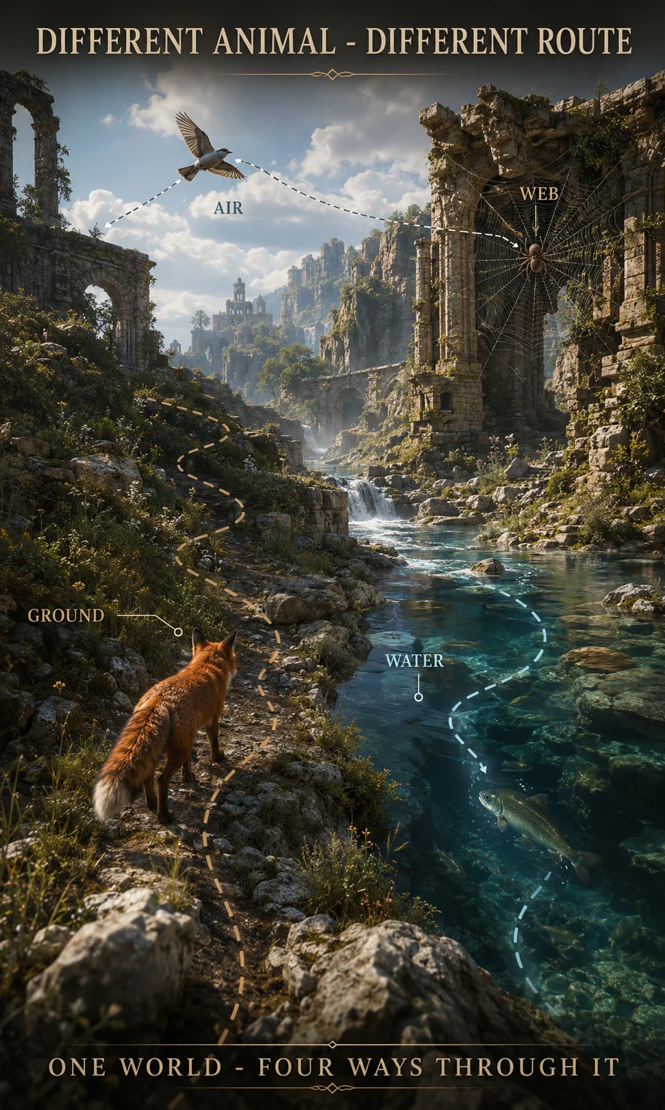Different animals taking different routes through the same video game environment