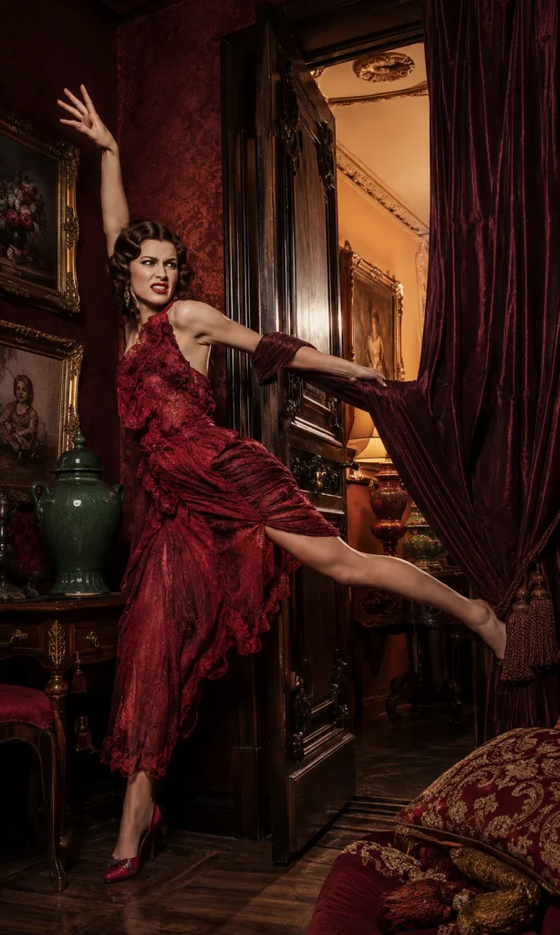 Woman twisting through a doorway while caught in curtains as she tries to start moving.
