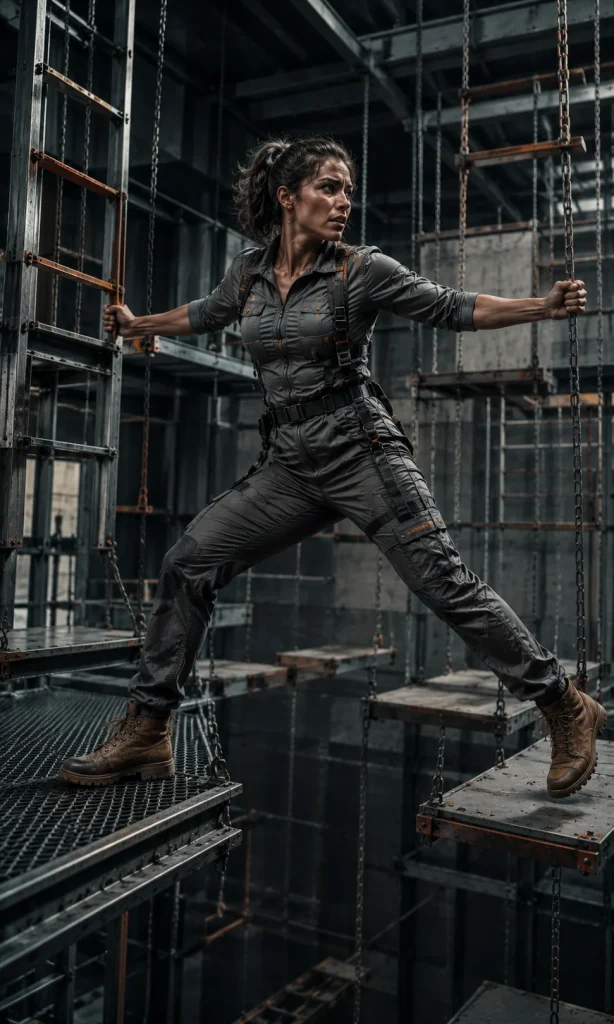 Woman balancing between two suspended industrial pathways, showing difficulty switching attention and tasks