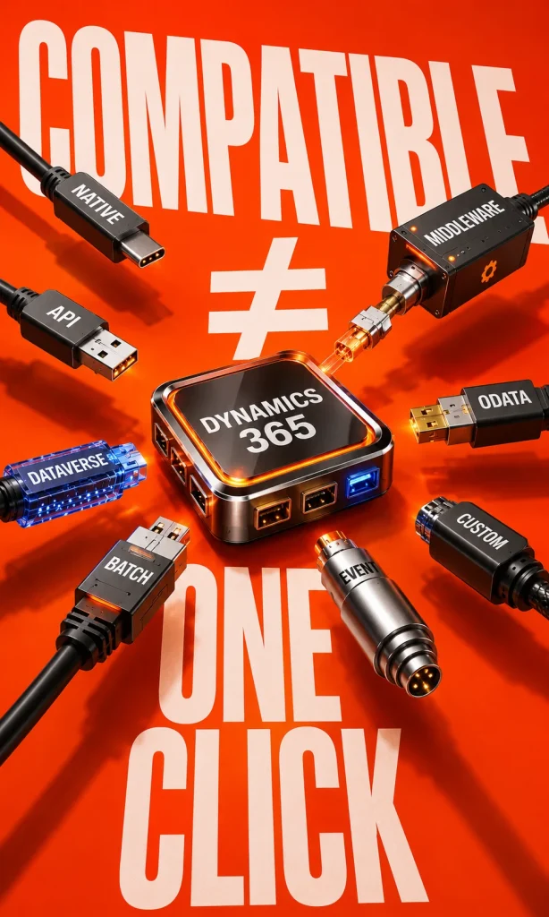 Different integration connectors approaching Dynamics 365 to show that software compatibility can require different methods.