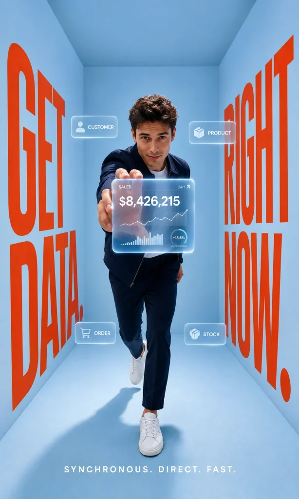 Person presenting a data card in a bold room with typography emphasizing immediate access, representing OData integration.