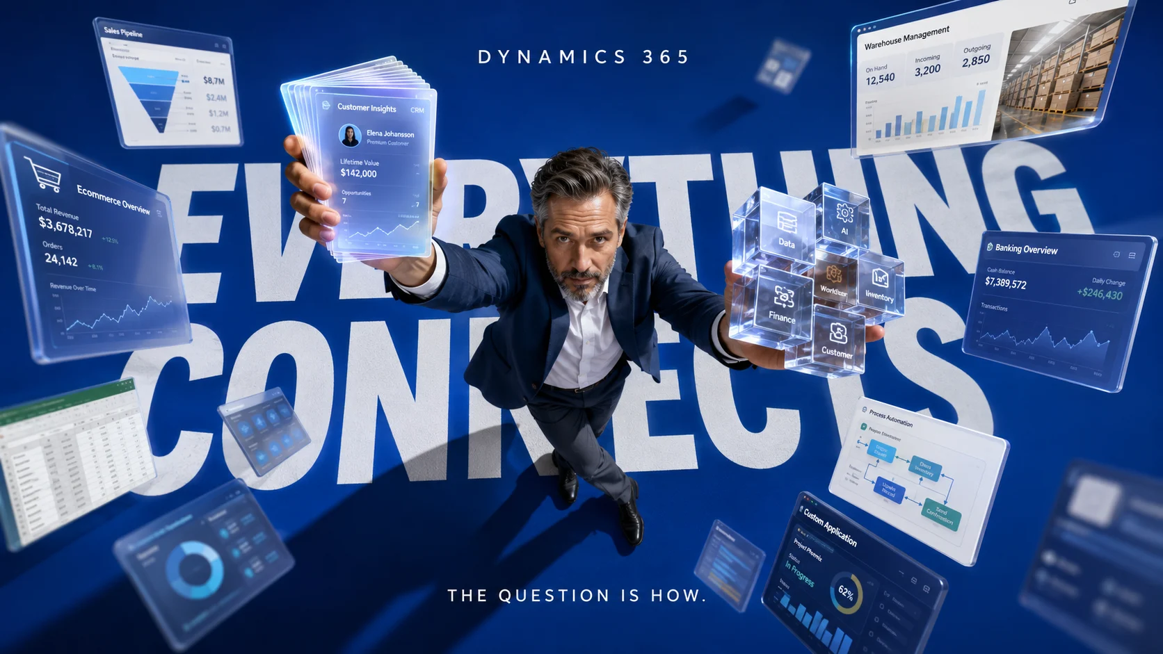 Business professional surrounded by floating software and data tiles illustrating Dynamics 365 integrations.