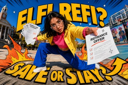 Young graduate comparing an ELFI student loan refinance offer with her existing student loan bills.