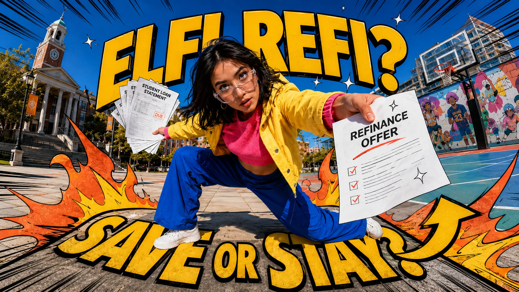 Young graduate comparing an ELFI student loan refinance offer with her existing student loan bills.