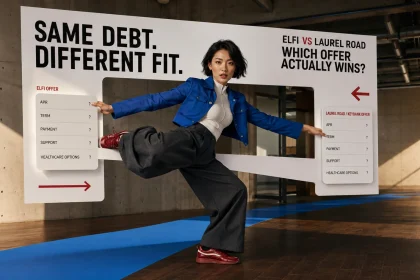 Borrower comparing ELFI and Laurel Road KeyBank student loan refinance offers by APR, term, payment and borrower fit.