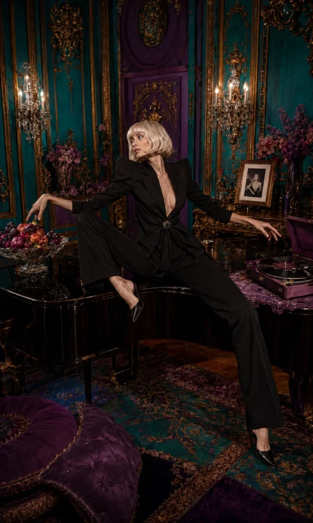 Woman stretched dramatically across a piano among music, food and personal objects to compare emotional blunting with anhedonia.