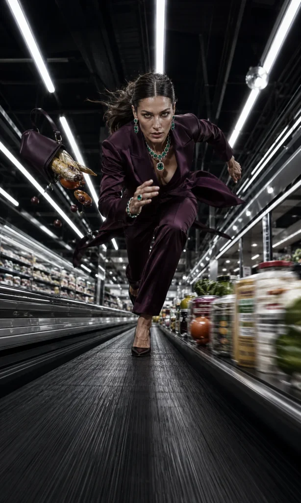 Woman running against a giant supermarket conveyor belt while remaining almost in the same place.