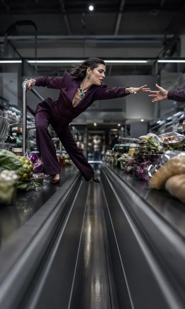 Woman reaching across parallel supermarket checkout belts toward another person's hand.