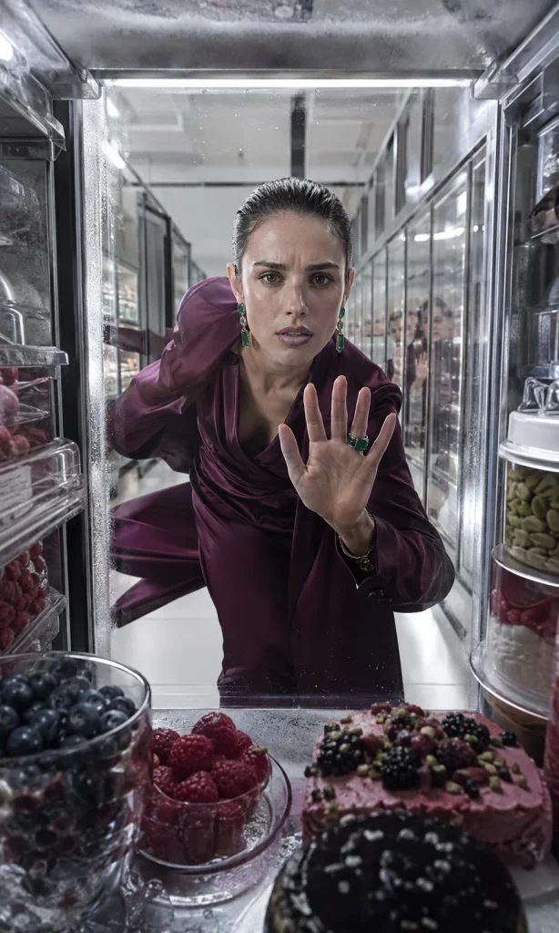 Woman pressing her hand against a supermarket freezer door as increasingly faint reflections suggest emotions feeling distant.