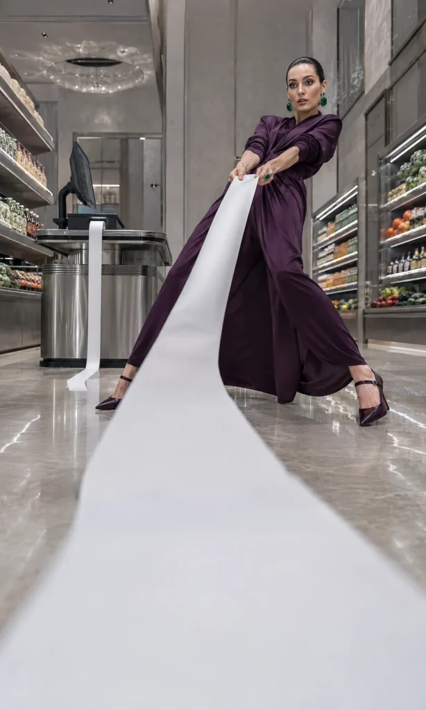 Woman pulling against an impossibly long supermarket receipt stretching through several aisles.