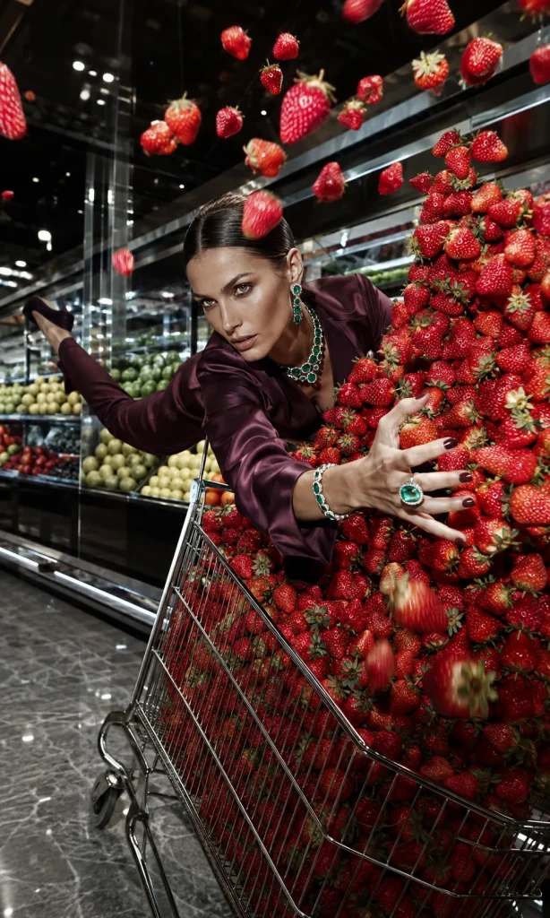 Woman struggling to catch hundreds of falling strawberries from a tipping shopping cart while her expression remains emotionally subdued.