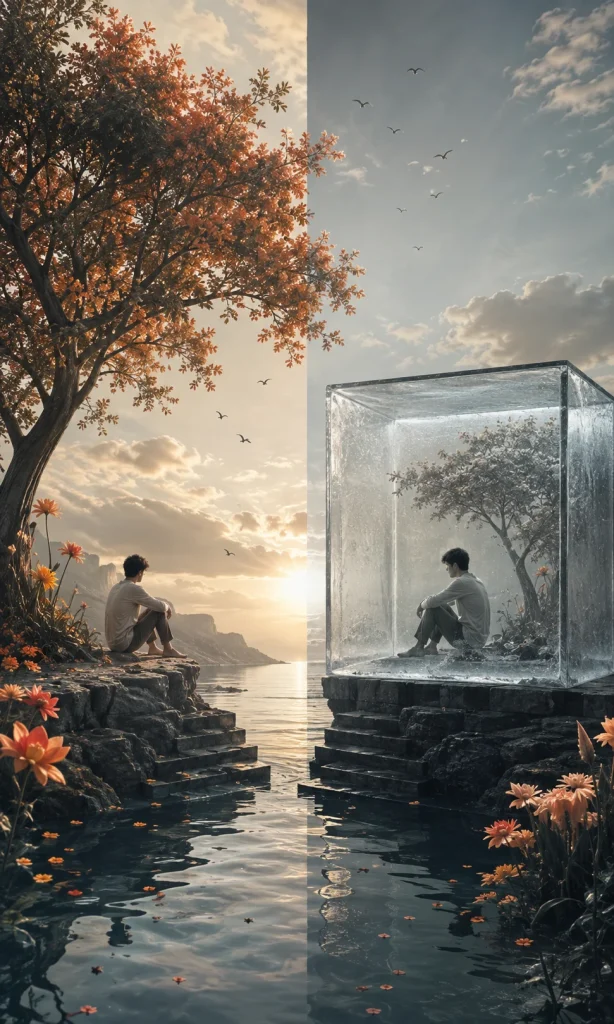Surreal comparison of healthy emotional calm and emotional numbness.