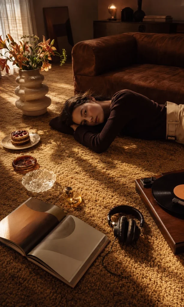 Woman in a warm retro room representing reduced emotional responsiveness during depression