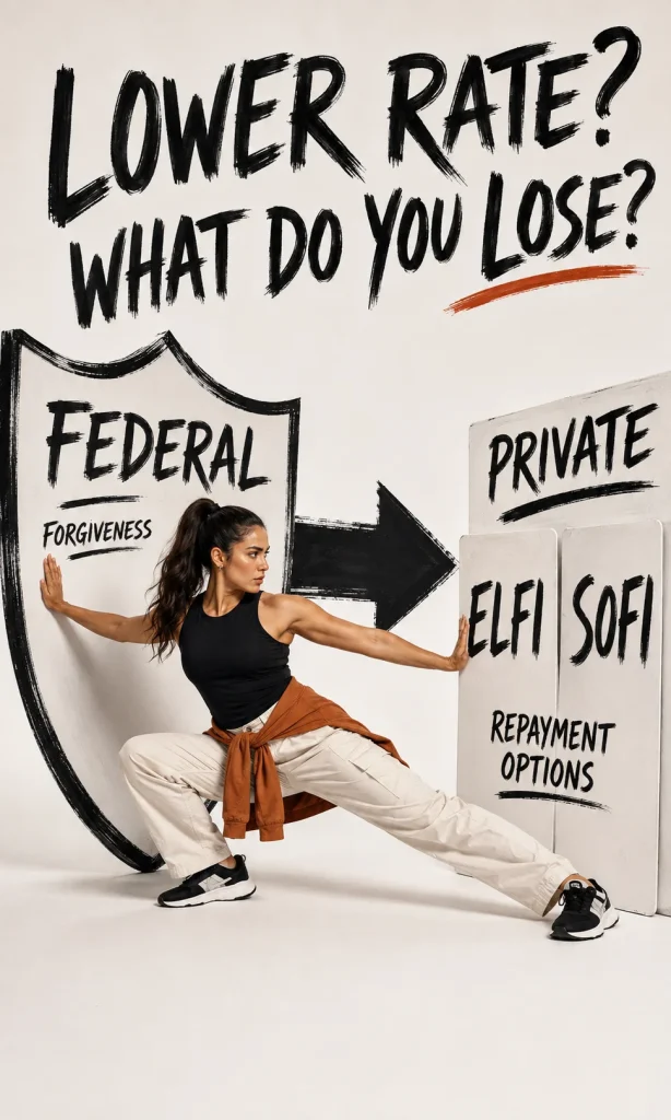 Borrower weighing federal student loan protections before choosing between ELFI and SoFi refinancing.
