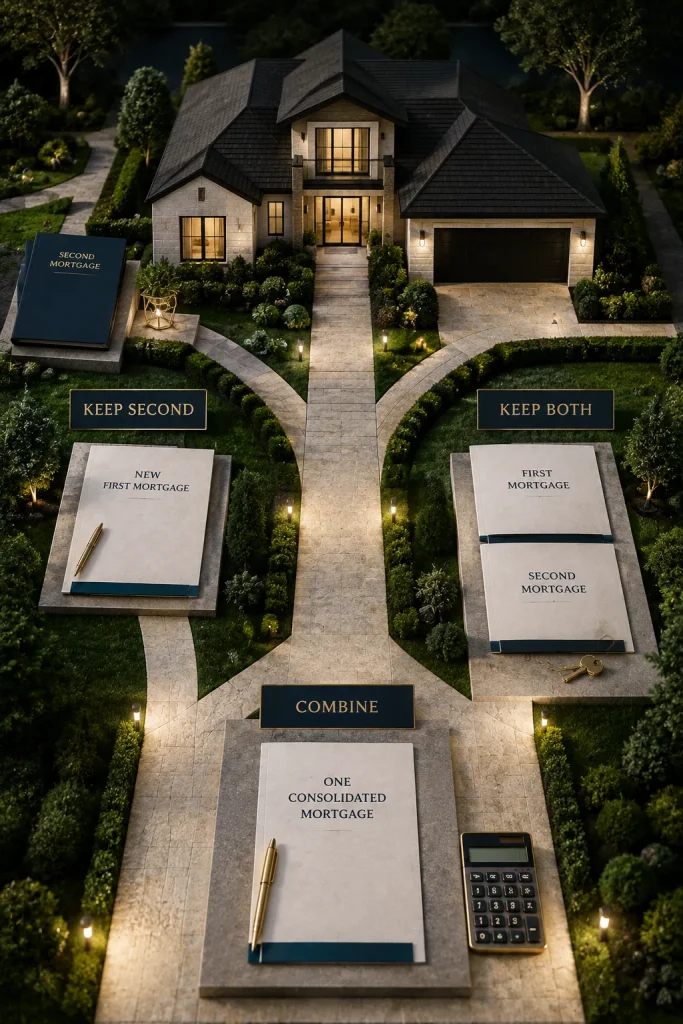 Three financing paths for a homeowner with a first and second mortgage