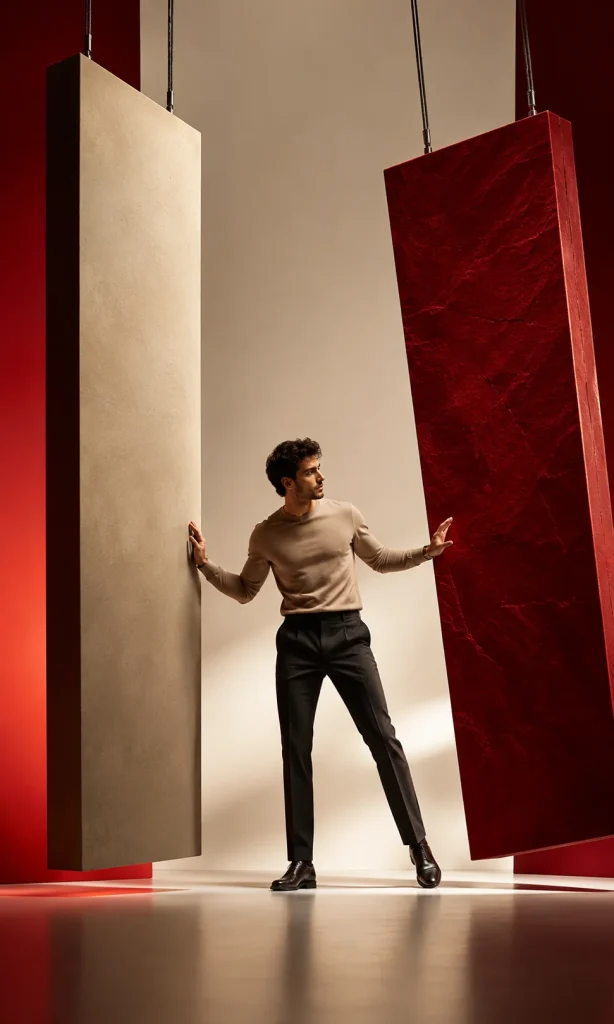 Man balancing between stable and shifting structures representing fixed and variable student loan rates