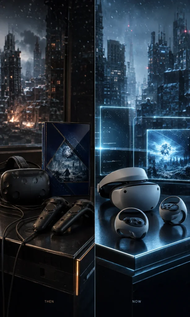 Older VR physical edition contrasted with a modern VR setup