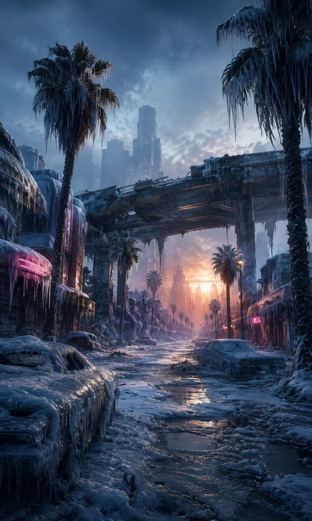 Frozen alternate Los Angeles with palm trees, highways and neon buried beneath snow and ice