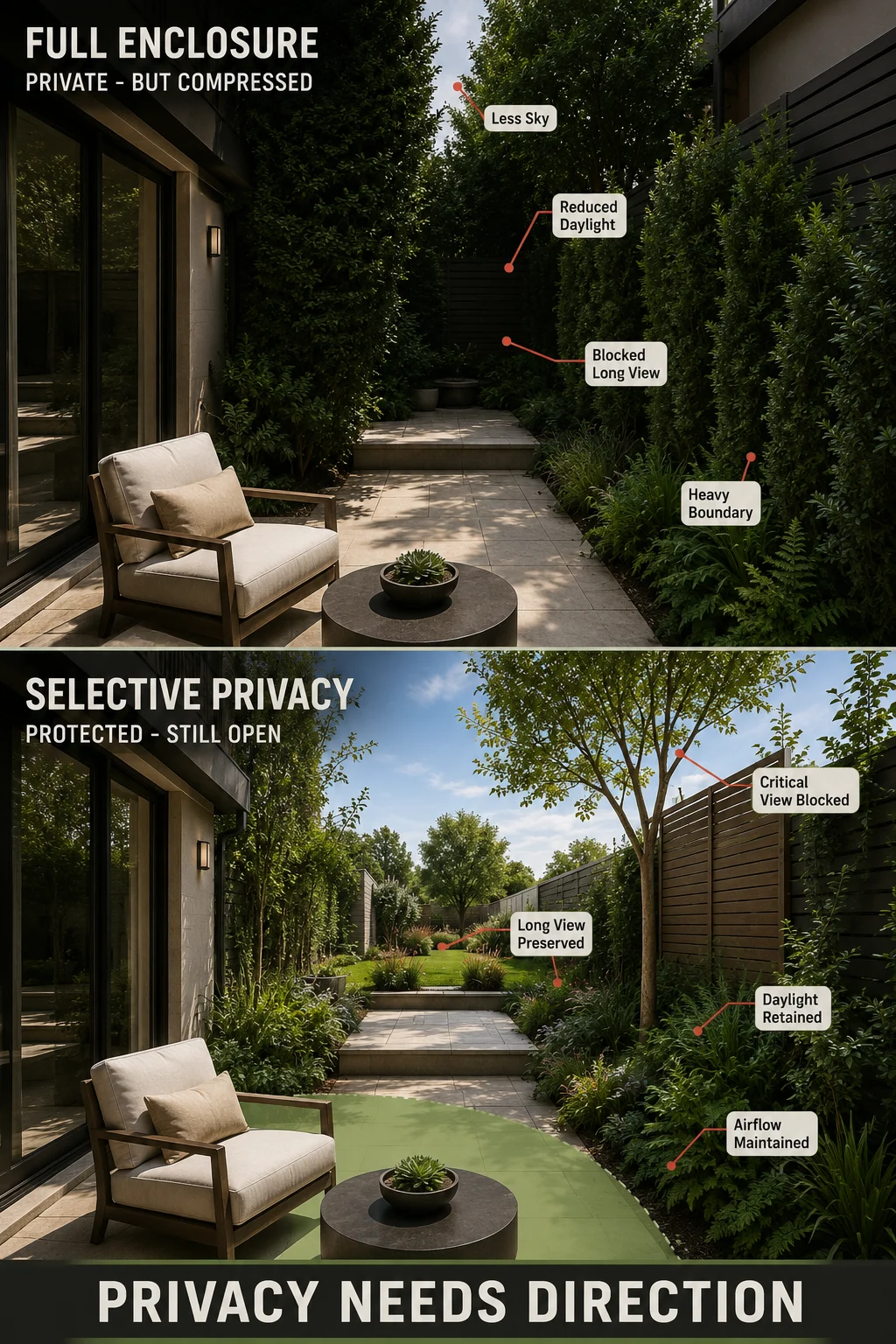 Same backyard comparison showing complete privacy enclosure versus selective screening that preserves light and garden views