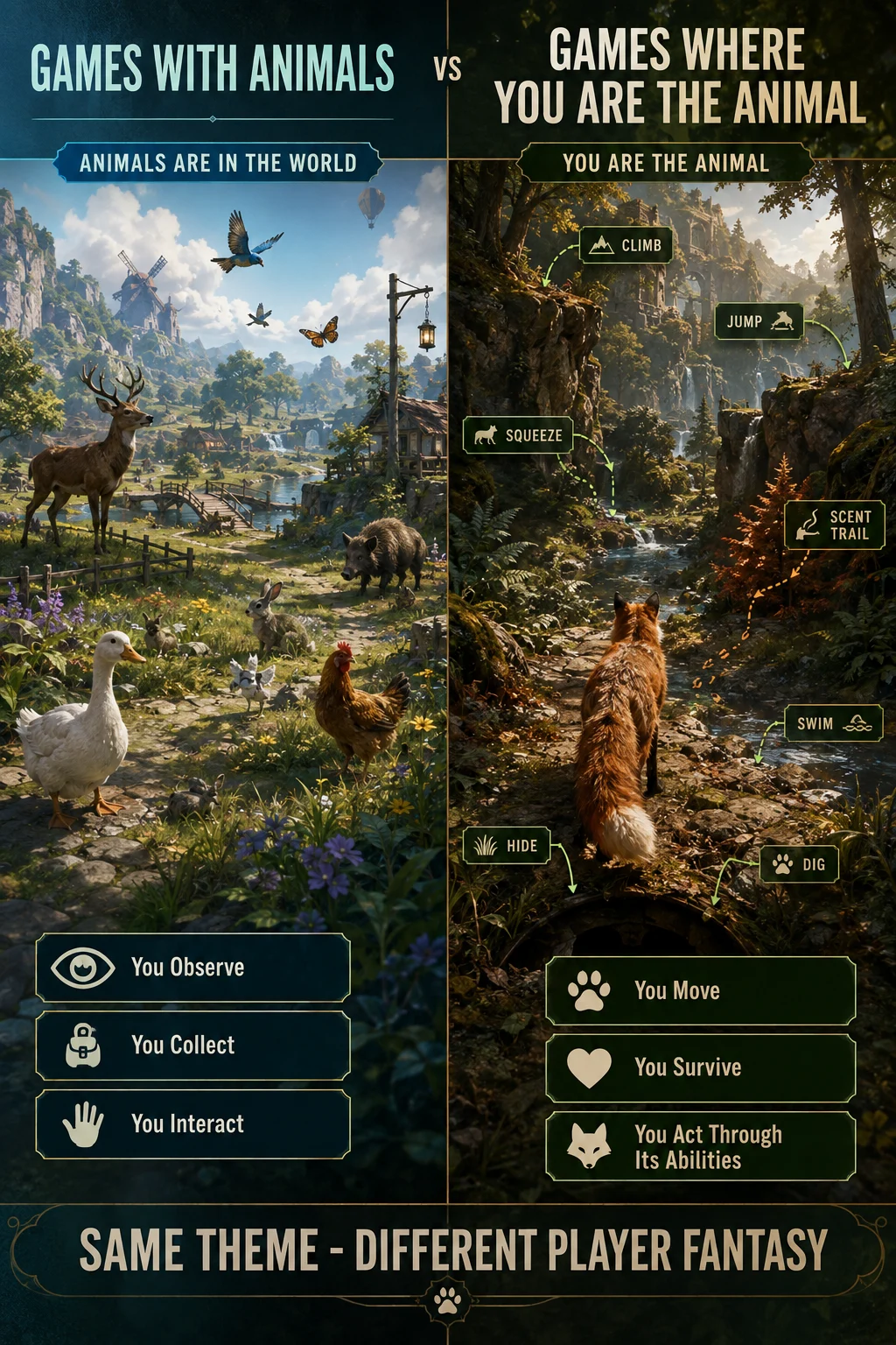 Visual comparison between games that contain animals and games where the player directly controls the animal