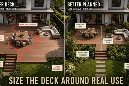 Garden deck comparison showing an oversized poorly planned deck versus a smaller deck with clear circulation and usable activity zones