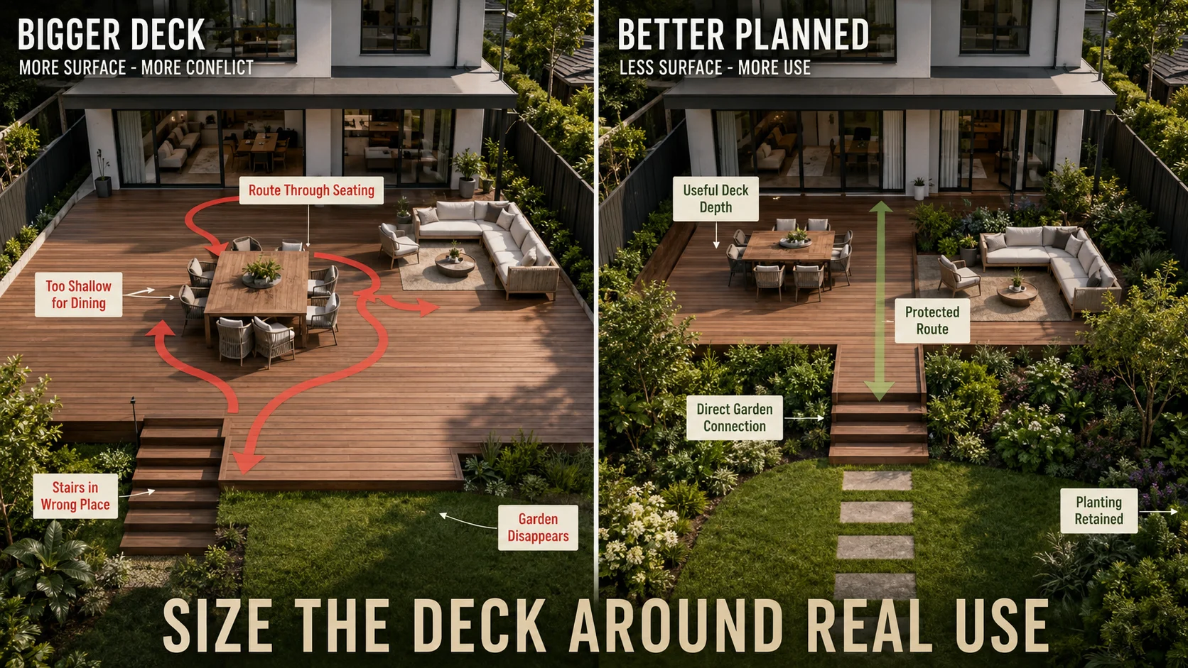 Garden deck comparison showing an oversized poorly planned deck versus a smaller deck with clear circulation and usable activity zones