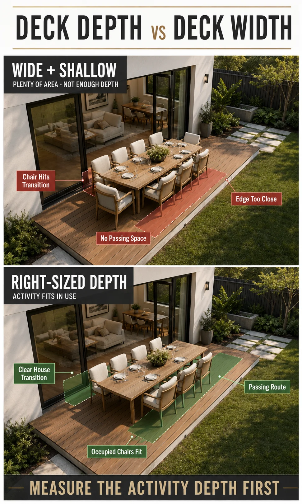 Garden decking comparison showing a wide shallow deck versus a shorter deck with enough depth for dining furniture and circulation