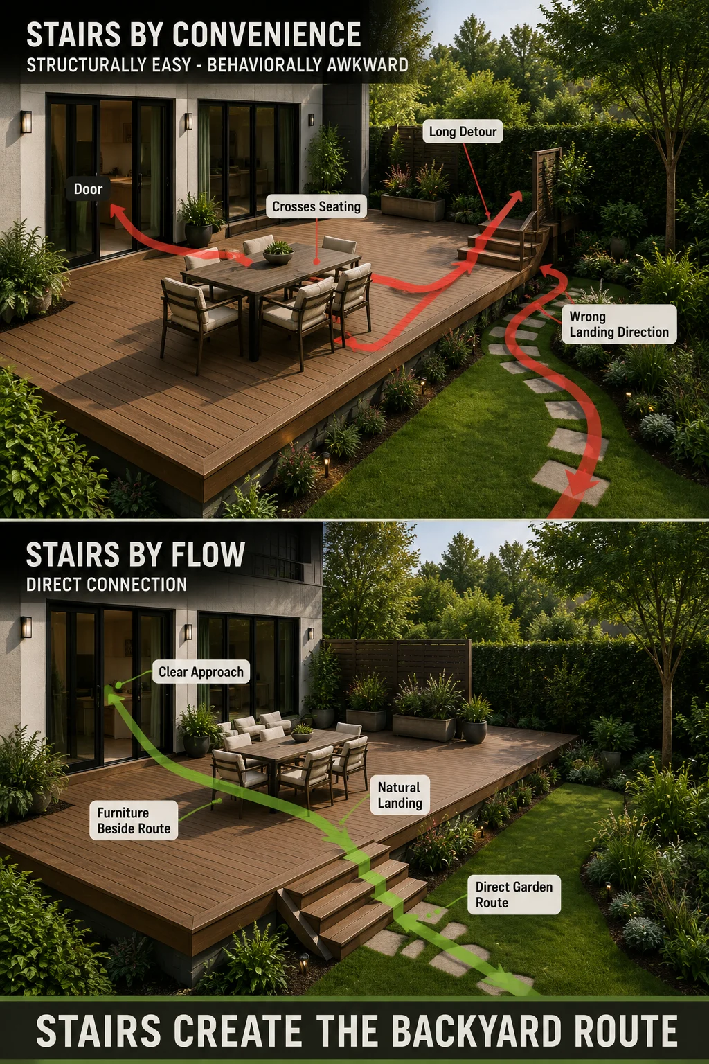 Raised garden deck showing stairs in an indirect location compared with stairs aligned with the natural route to the garden