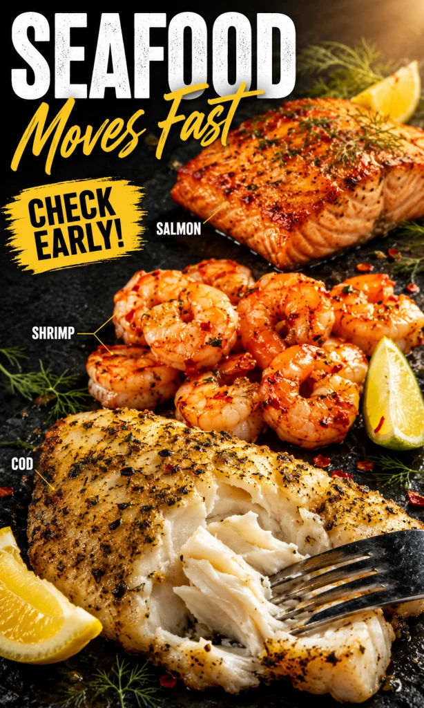 Air fryer salmon shrimp and cod with lemon and herbs