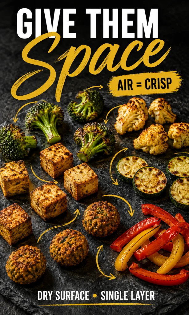 Crispy air fryer broccoli tofu zucchini cauliflower and vegetables