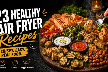 Colorful healthy air fryer chicken salmon vegetables tofu and sweet potato recipes