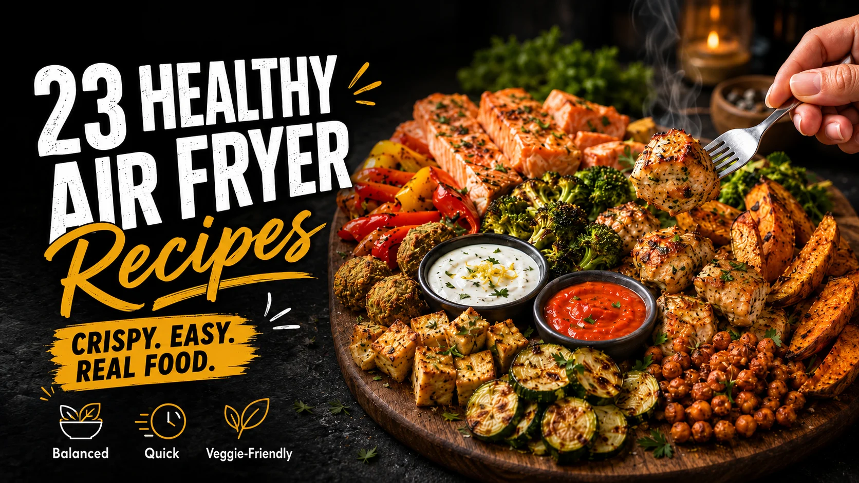 Colorful healthy air fryer chicken salmon vegetables tofu and sweet potato recipes
