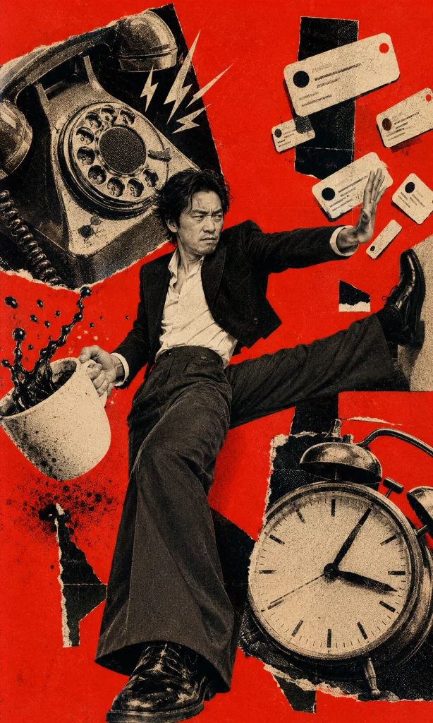 Man reacting intensely to small interruptions in a graphic collage representing irritability as a possible depression symptom.