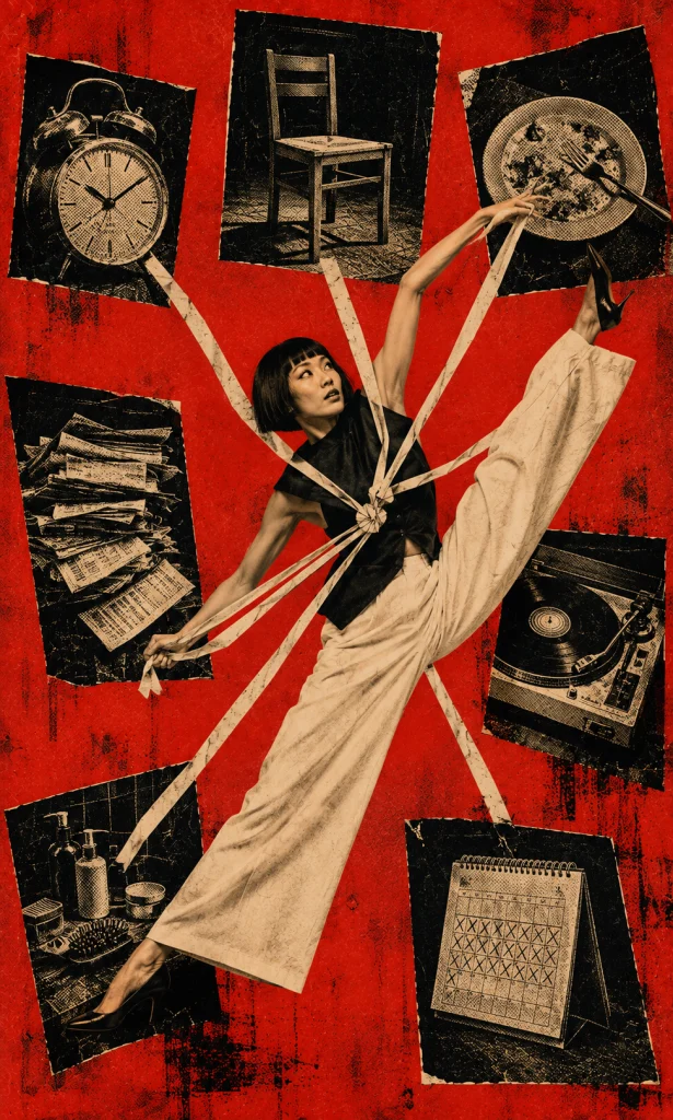 Woman connecting several fragmented life changes into one larger pattern in a red and black editorial collage.