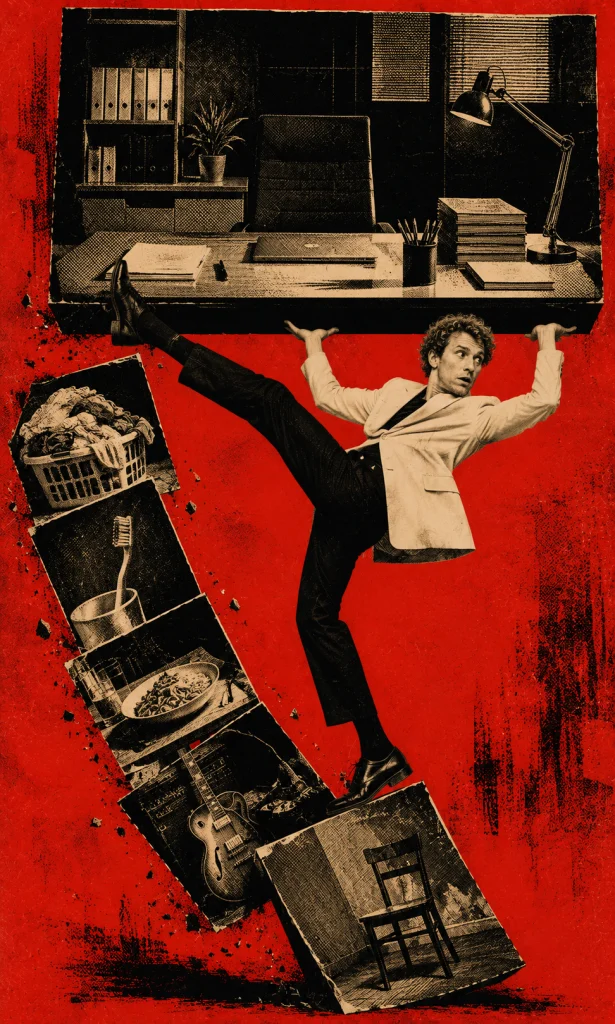 Man keeping a polished work panel upright while private self-care panels collapse behind him.