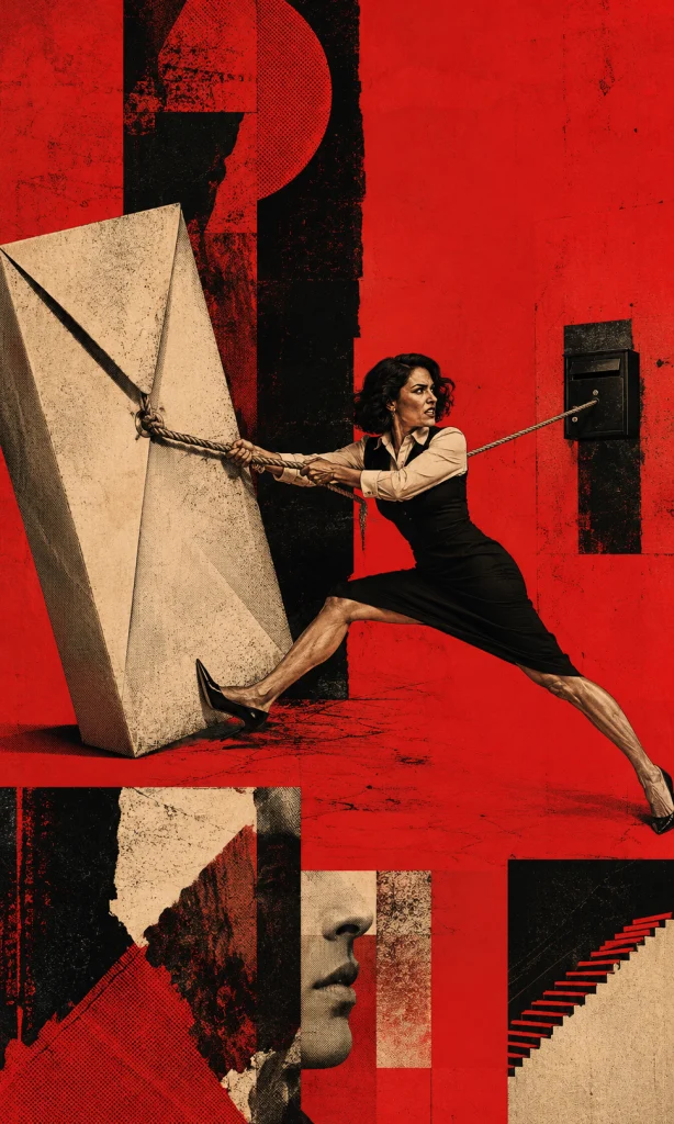 Woman struggling with an oversized everyday envelope in a surreal collage representing difficulty starting simple tasks.