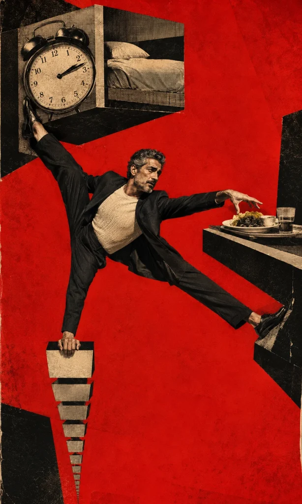 Man stretched between sleep, food and energy symbols in a collage about physical changes associated with depression.