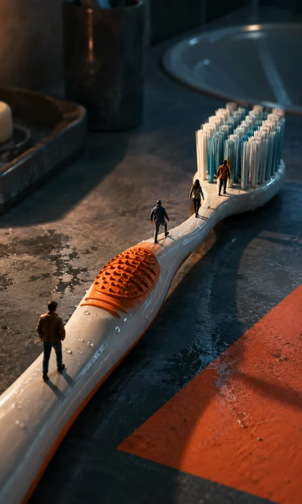 Miniature people crossing the surface of an enormous toothbrush representing hidden steps inside everyday tasks