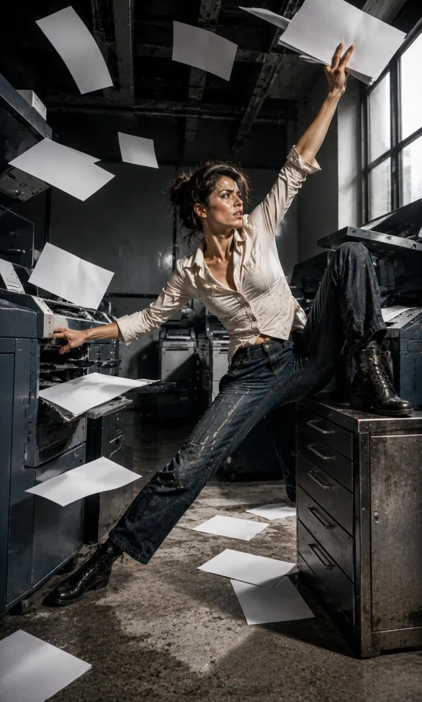 Woman keeping several work tasks under control while physically losing balance, representing hidden exhaustion behind perfectionistic performance